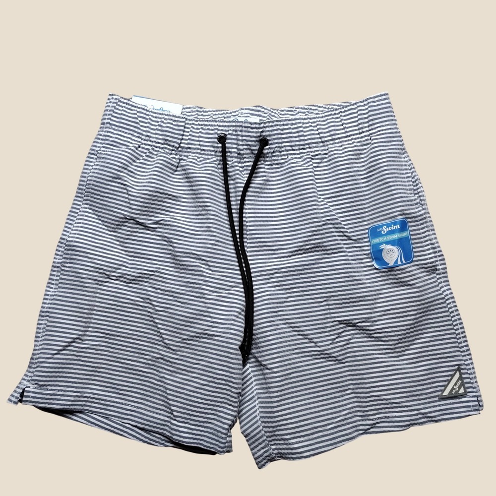 Mr. Swim Swim Shorts Mens Medium Grey White Seersucker Striped 4-Way Stretch UPF